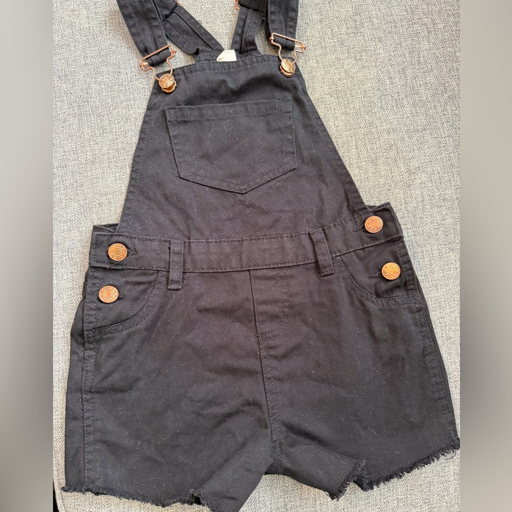 Love Republic Kids Black Short Overalls Freyed bottom gold buttons Size M 5/6